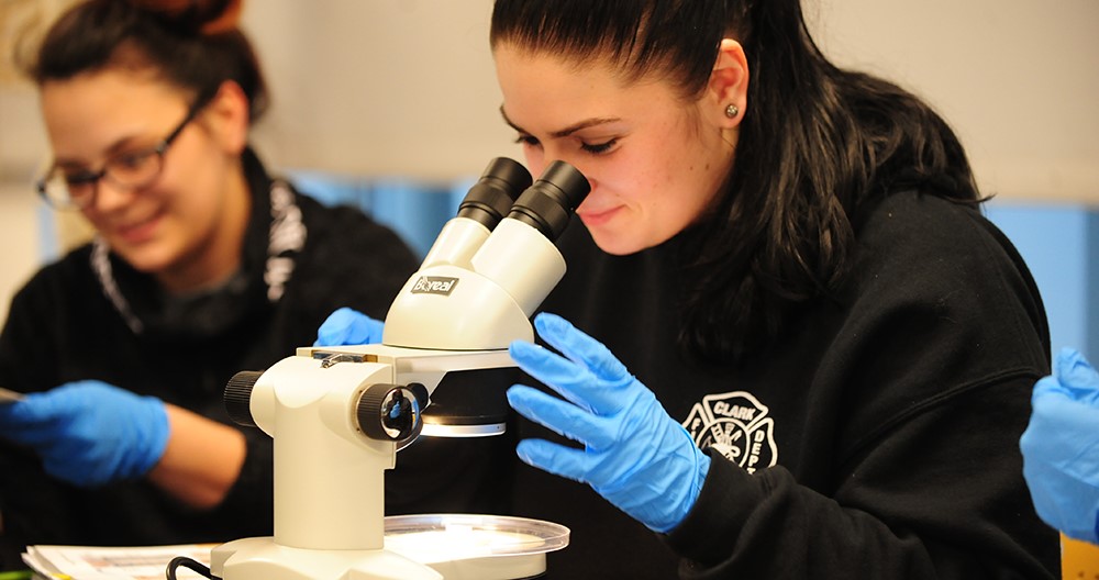 two union students at a microscope