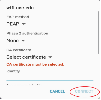 Android CA certificate must be selected screen