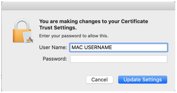 Apple PC confirm certificate trust settings prompt