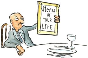 old man sitting in chair in front of dinner table looking at a menu titled "menu of your life"